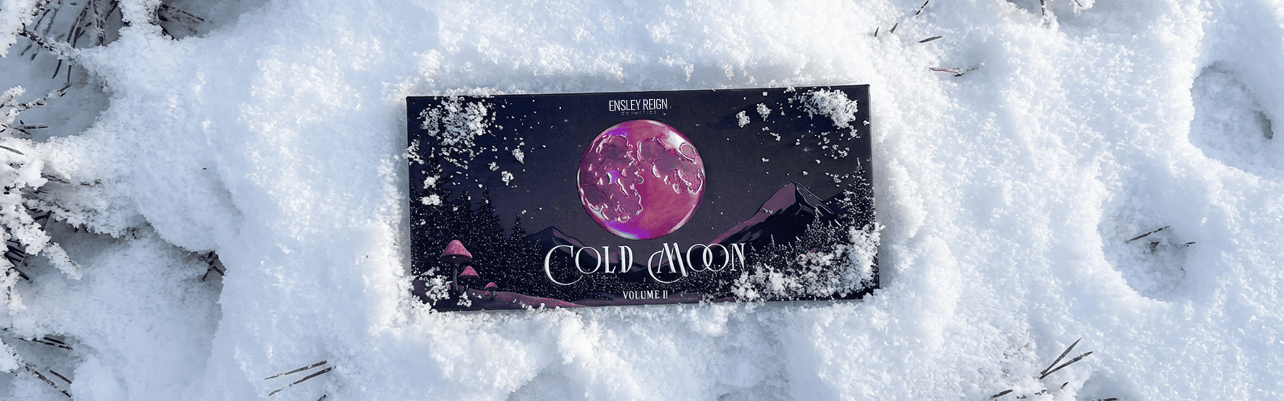 A cosmetics case labeled "Cold Moon Volume II" with a pink moon and mountain design on the cover rests on snow-covered ground, partially dusted with snow.