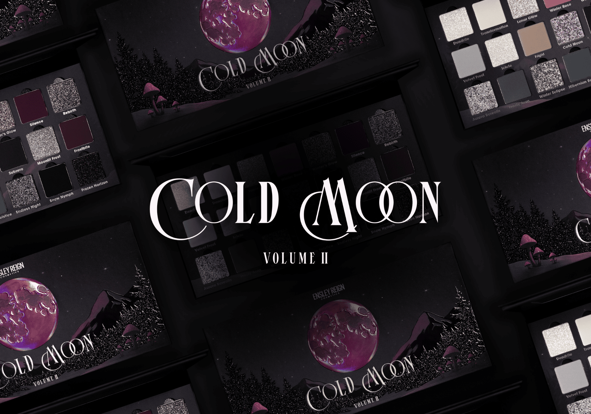 Eyeshadow palette layout with "Cold Moon Volume II" text. Features purple, black, silver shades. Dark, mysterious tone with an illustrated moonlit landscape.