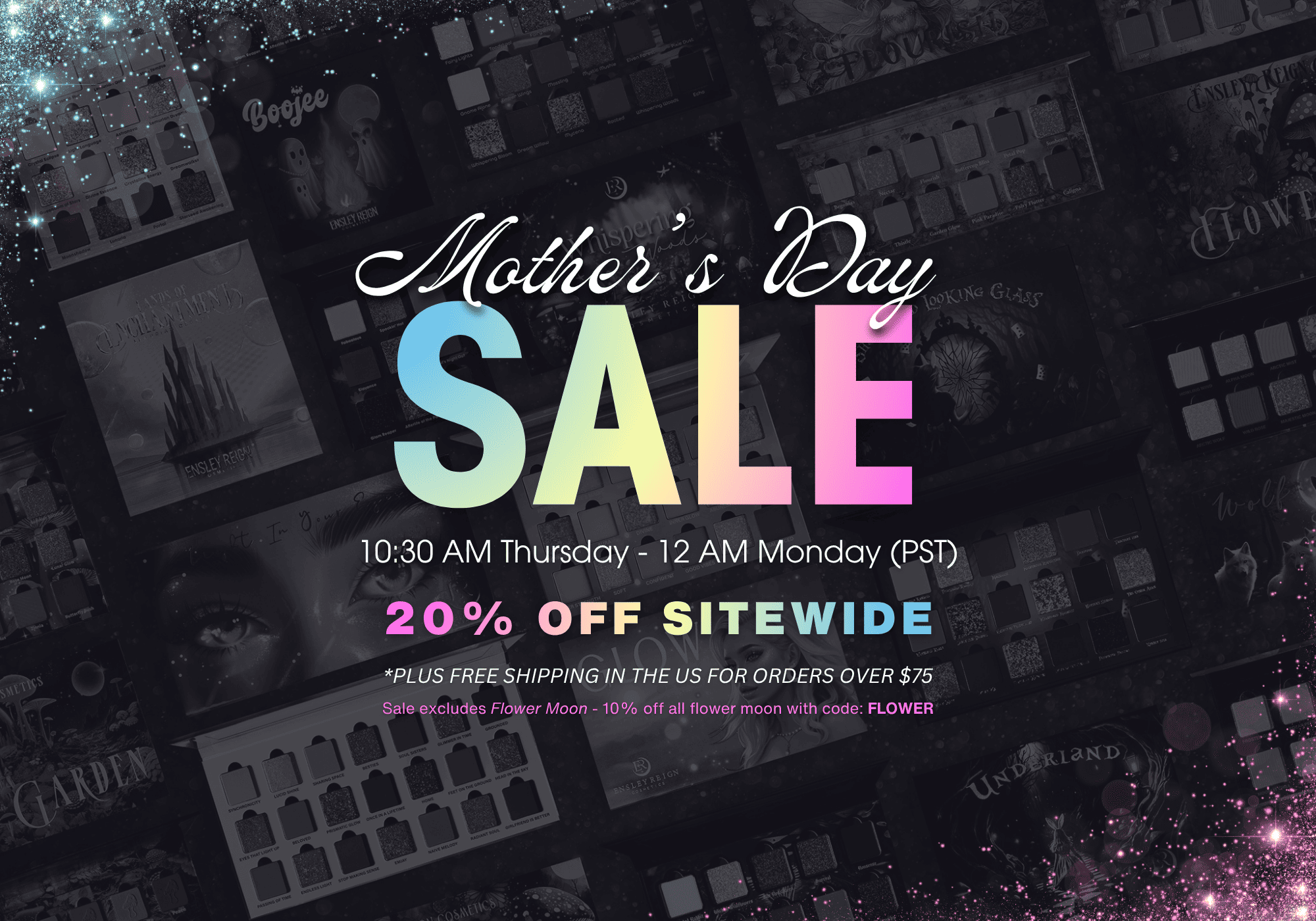 Mother's Day Sale banner with "SALE" in large, colorful letters. Text includes "20% off sitewide" on a background of makeup palettes and sparkles.
